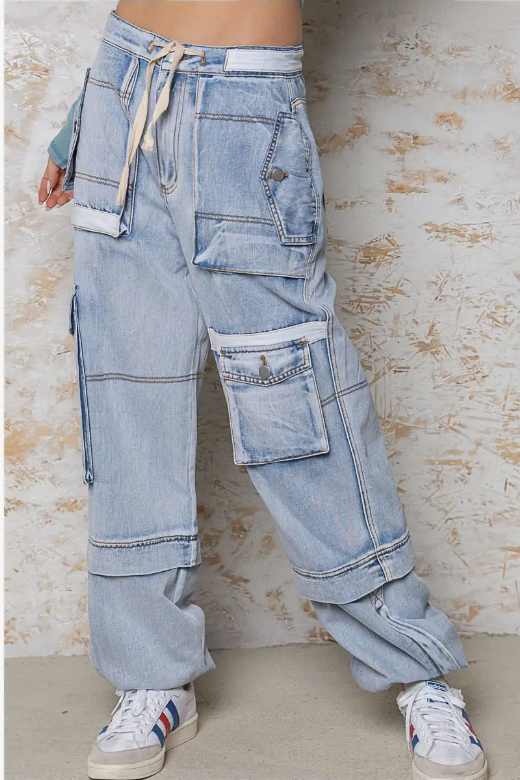 Cargo Pocket Drawstring Baggy Denim Joggers