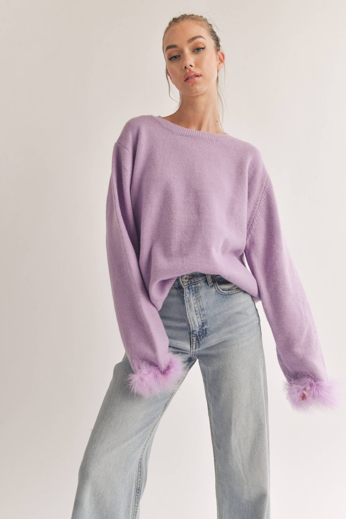 Round Neck Long Sleeve Sweater with Feathers