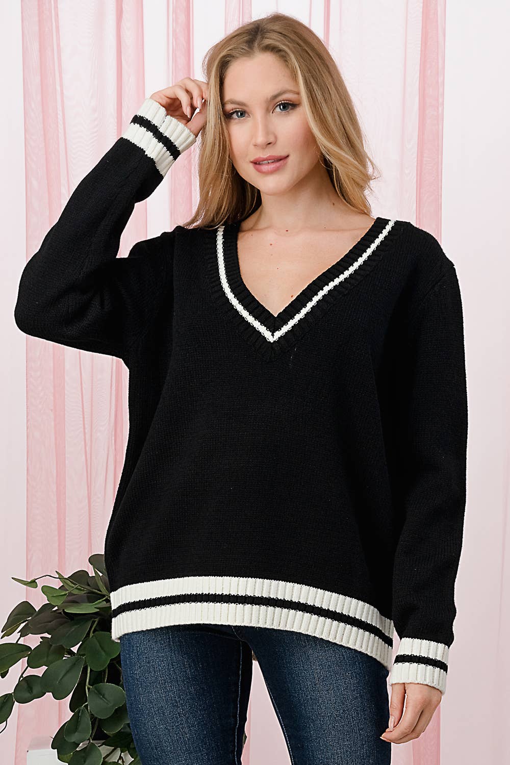 Oversized Varsity V-Neck Sweater