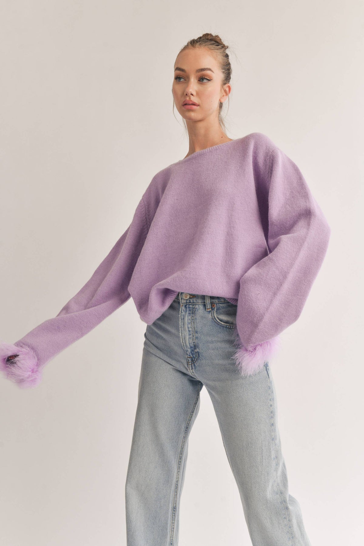 Round Neck Long Sleeve Sweater with Feathers